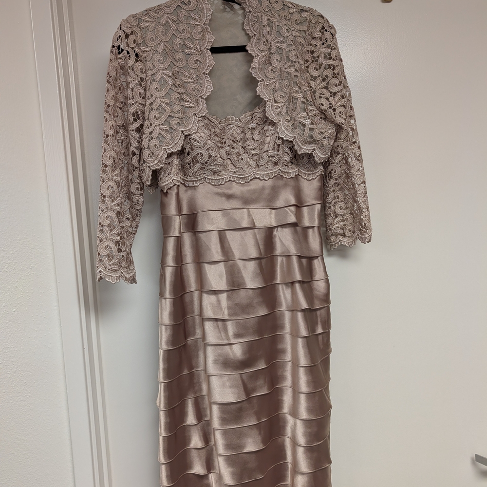 Cachet 2 Pc. Elegant Lace Overlay Dress in Cream